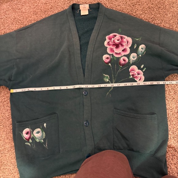 Vintage Jerzees Floral Embroidered Cardigan Green Button Up Cozy Cottagecore - Picture 7 of 11